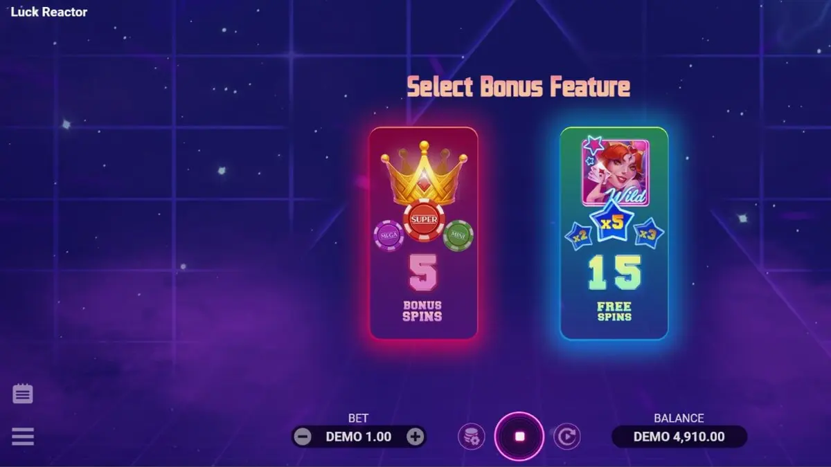 Interface futurista do slot Luck Reactor com elementos de neon e símbolos clássicos