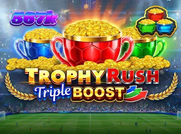 Interface do jogo Trophy Rush Triple Boost com moedas douradas e símbolos esportivos