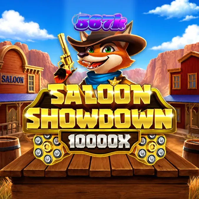 Interface do jogo de slot Saloon Showdown 10,000x com elementos temáticos de faroeste